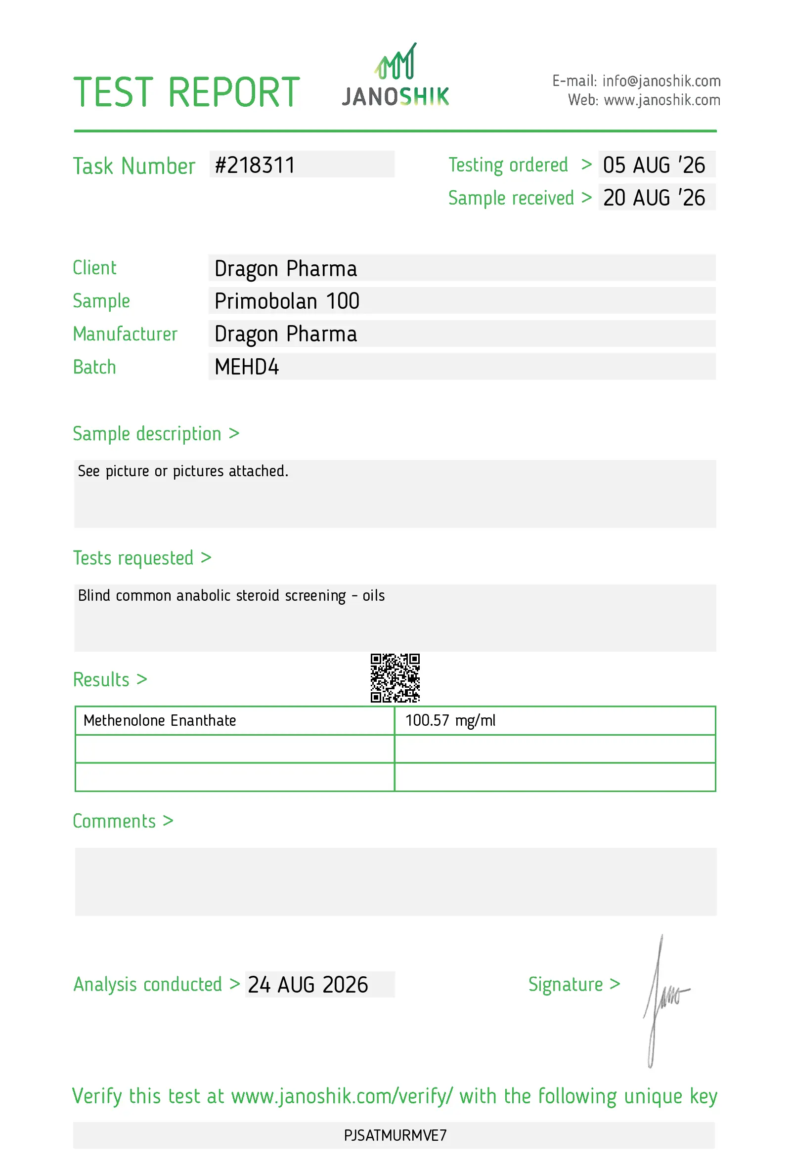 Dragon Pharma Primobolan 100 Lab Test