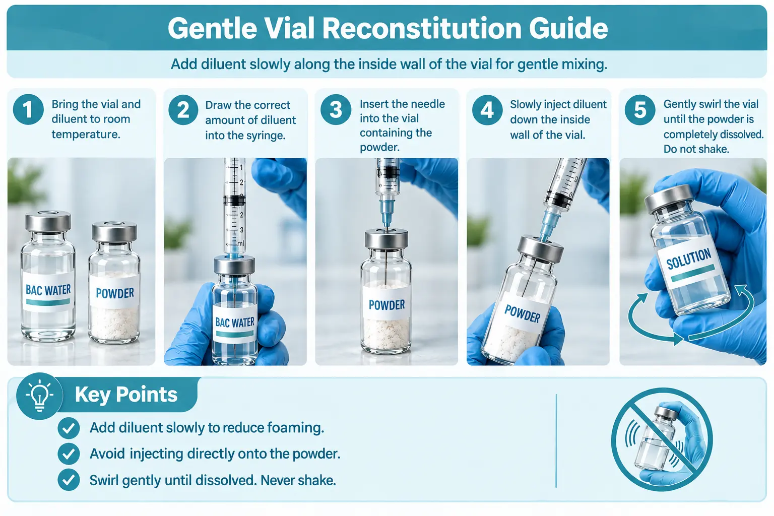 Step by step guide to reconstituting a peptide vial: bring vial and diluent to room temperature, draw the diluent, inject slowly down the inner wall, swirl gently, never shake