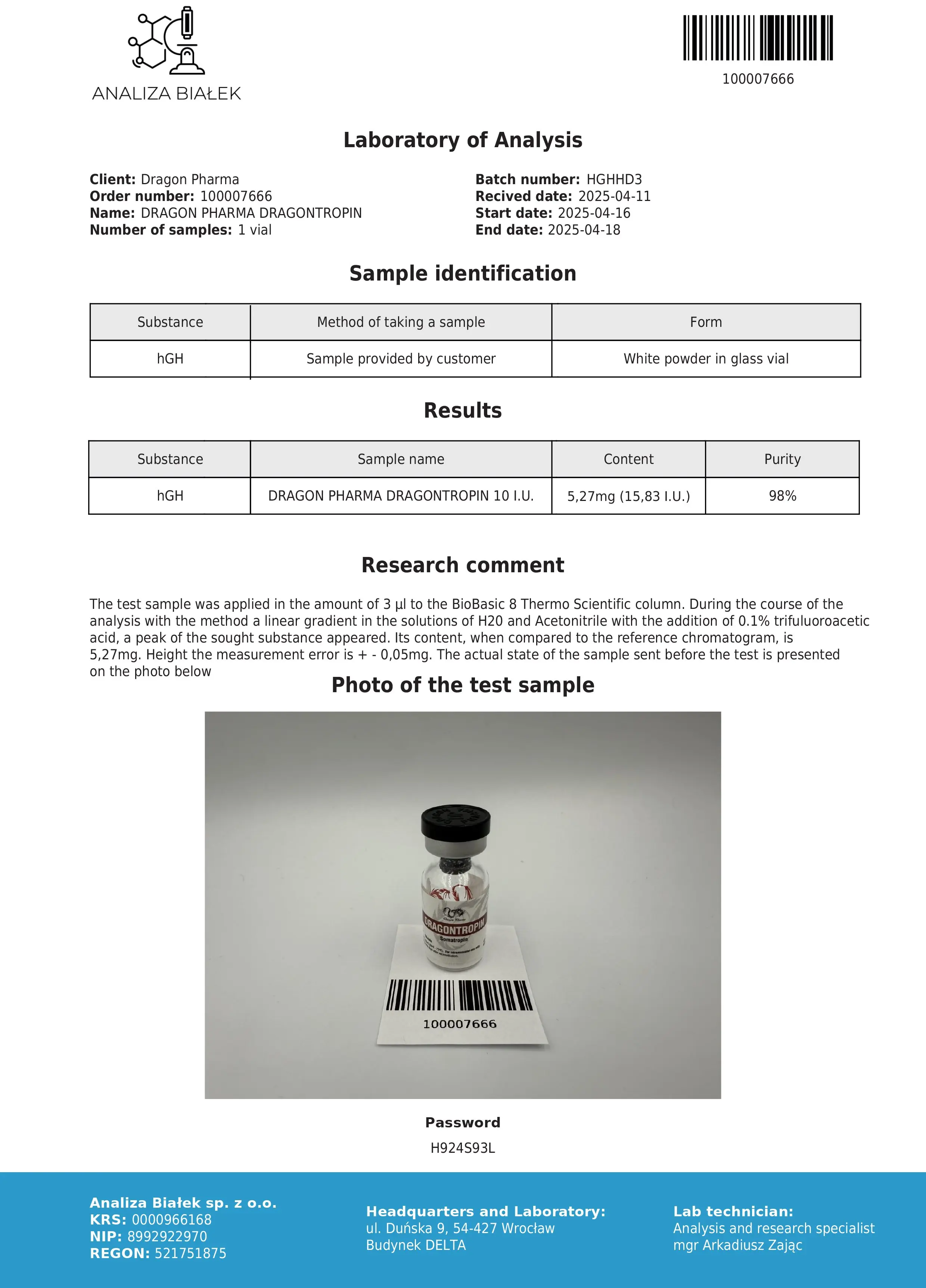 Dragontropin 10IU Lab Test April 2025