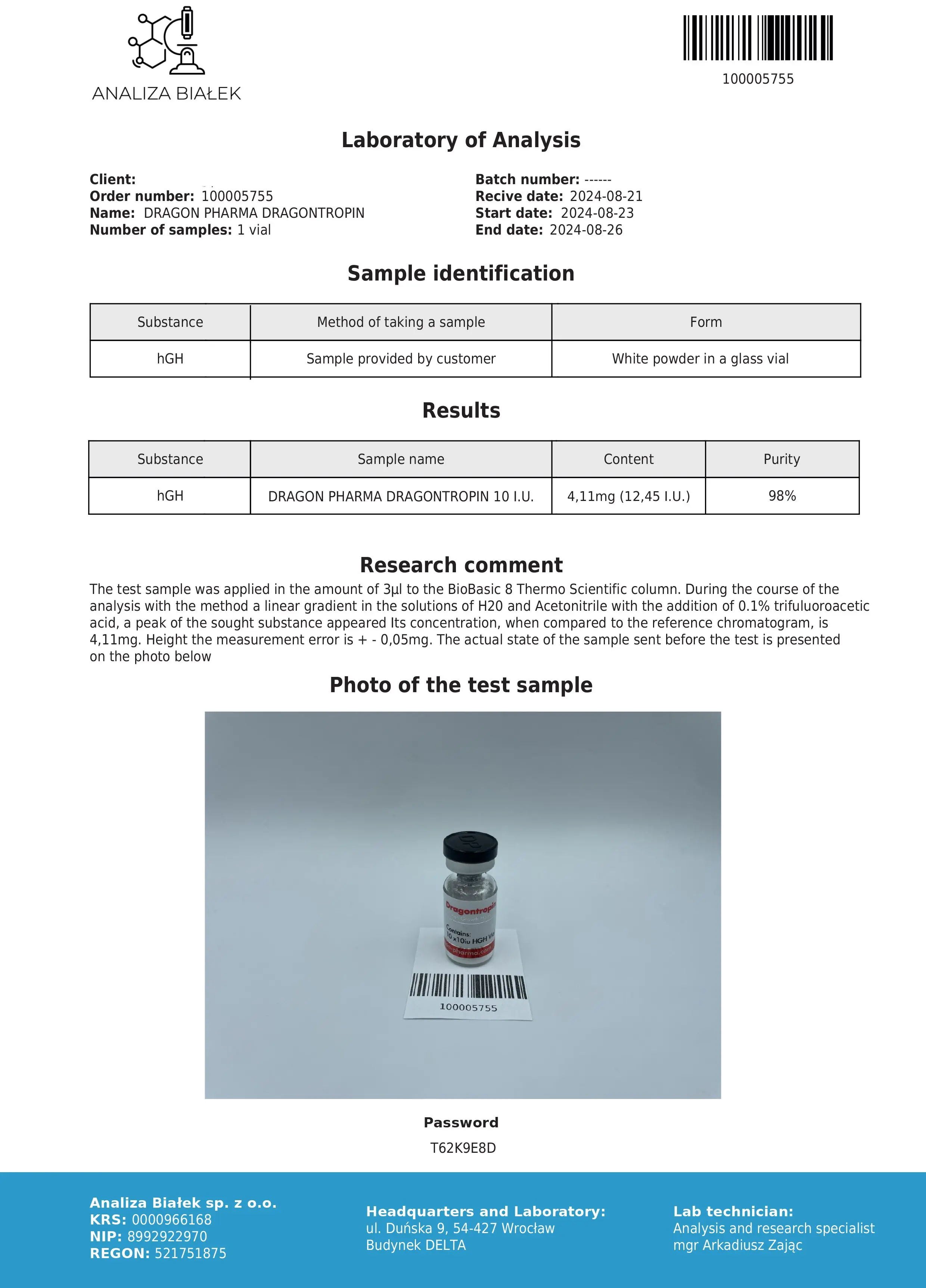 Dragontropin 10IU Lab Test Aug 2024