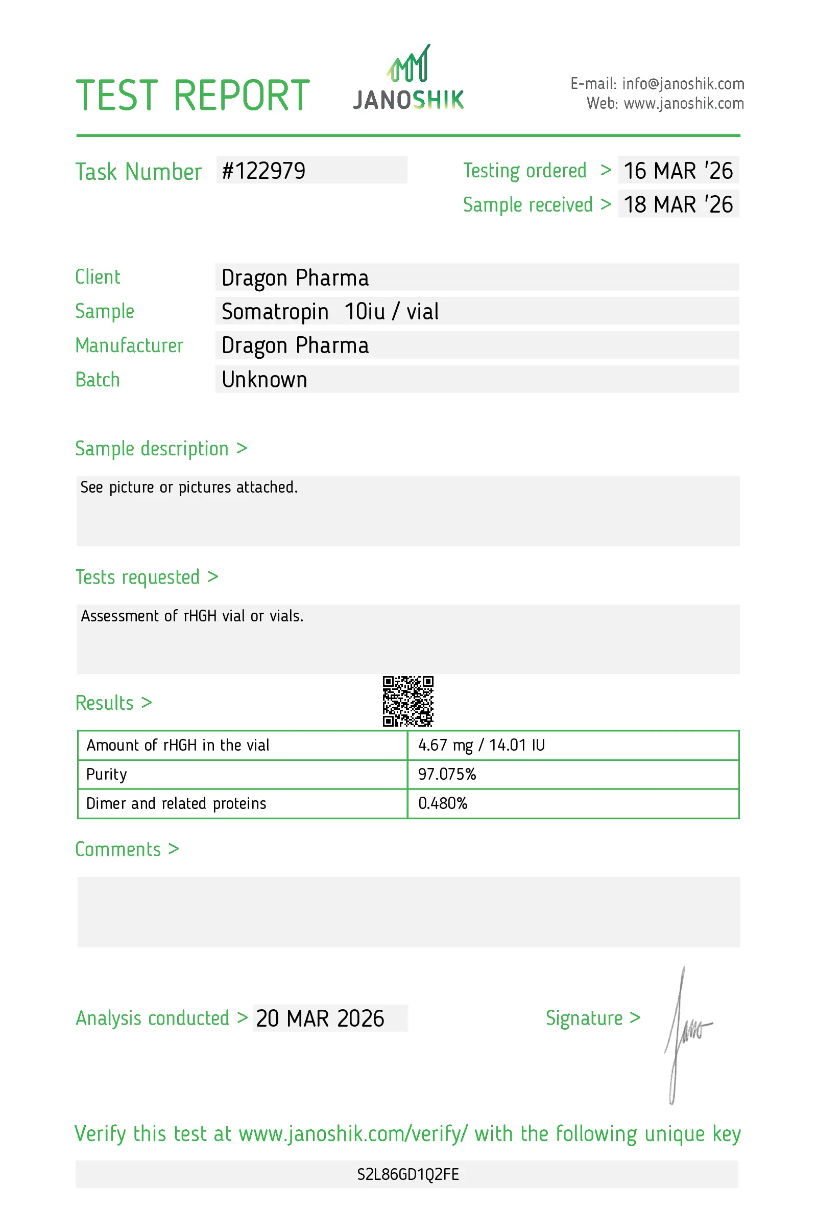 Dragontropin 10IU Lab Test March 2026