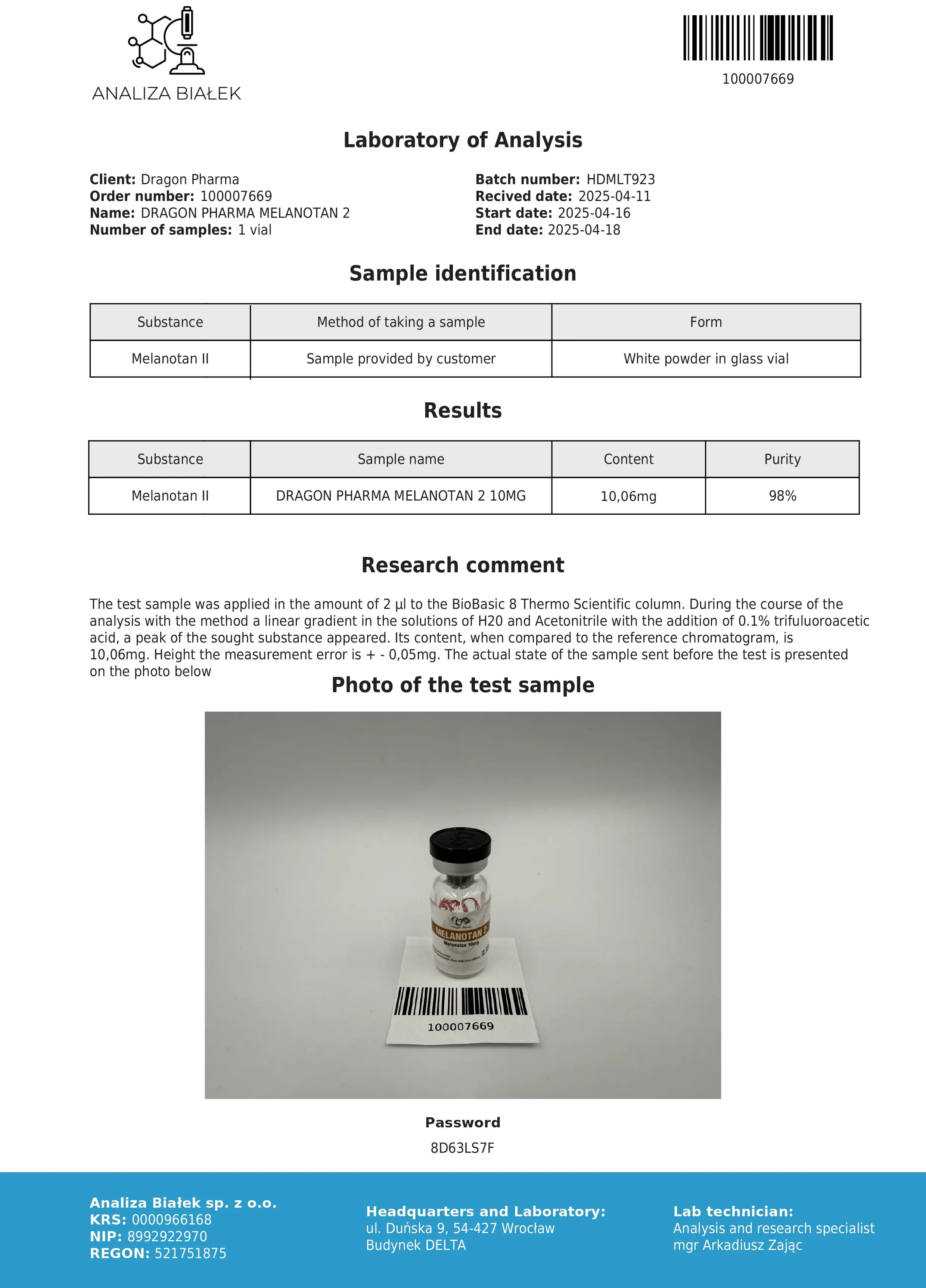 Melanotan 2 Lab Test